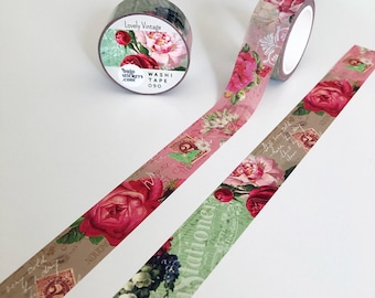 Vintage Roses Washi tape • Romantic Lovely Vintage • Scrittura a mano e timbri • Nastro decorativo per mascheramento • 20 mm x 10 m • bujostickers.com 090