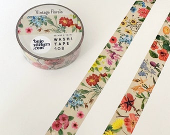 Vintage Flowers Washi tape, Floral illustration pattern, Garden border design, Decorative masking tape • 15 mm x 10 m • bujostickers.com 108