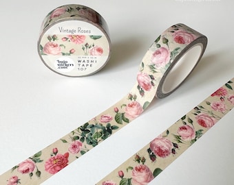 Vintage Rose Washi tape • Pink, green and beige • Decorative masking tape • 15 mm x 10 m • bujostickers.com 107