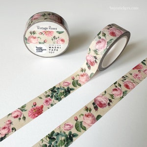 Vintage Rose Washi tape • Pink, green and beige • Decorative masking tape • 15 mm x 10 m • bujostickers.com 107