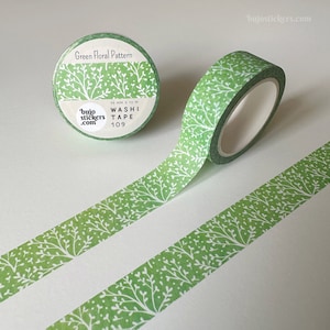 Washi tape verde con motivos florales • decoración de hojas y enredaderas blancas sobre fondo de acuarela, Cinta decorativa • 15 mm x 10 m • bujostickers.com 109