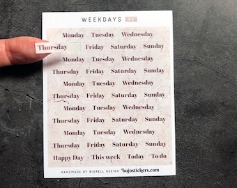 Weekdays 05 stickers. The days of the week on thin matte sticker paper for bullet journals, planners, calendars etc. bujostickers.com