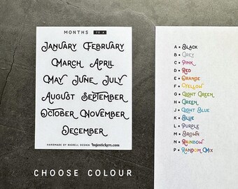 Month stickers • Beautiful vintage style font • 14 color/colour options • bullet journaling, planning, calendars • 70
