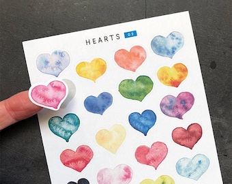 Heart stickers. Multicoloured watercolour hearts, decorative stickers for bujo layouts, planners, scrapbooking, cards, letters. Rainbow. 02