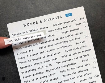 Words & phrases stickers. Quote stickers. Typewriter font Positive sayings. Stickers for journaling, scrap booking and paper crafting. 01