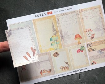 May include: A sheet of planner stickers with a vintage aesthetic featuring mushrooms, leaves, and berries. The stickers are designed to fit a Happy Planner and are labeled "Boxes 07".