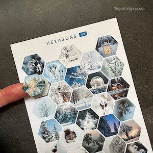 Winter hexagon stickers. Snow and frost, nature. Photo stickers for bullet journals, calendars, planners, diaries etc. bujosticker.com