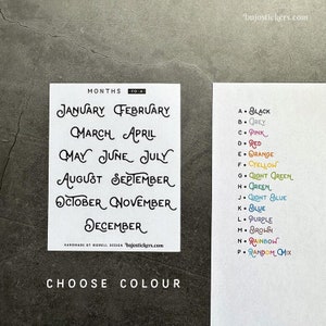 Maandstickers • Prachtig lettertype in vintage-stijl • 14 kleuren/kleuropties • bullet journaling, planning, kalenders • 70