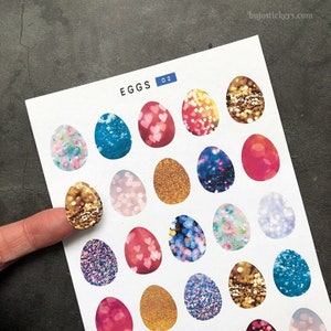 Huevos 02 • Pegatinas con huevos de pascua glitter para bujo, tarjetas, álbumes de recortes, cartas, diario. Luces bokeh, huevos coloridos y felices