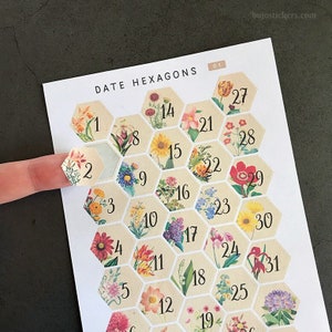 May include: A sheet of hexagonal stickers with floral designs and numbers 1 through 31. The stickers are designed to be used as a date tracker in a planner or journal.