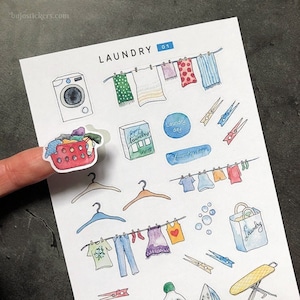 Lessive 01 • Autocollants illustrés uniques de lessive, corde à linge. Illustrations à l'aquarelle sur autocollants pour bujo, scrapbooking, cartes etc.