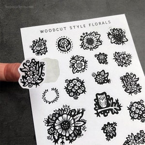 Holzschnitt Style Florals Sticker für Bujo, Planer, Scrapbooking, Briefe etc. Unikat, illustriert von Amanda Bigrell. bujostickers.de