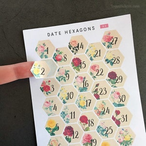Date hexagons. Numbers 1-31. Old paper background with vintage roses. For bullet journals, calendars, planners, diaries etc. bujosticker.com
