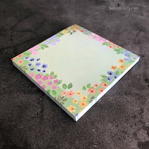 Green Sticky Notes with Pastel Flowers • Pretty stationery • soft watercolor florals • bujostickers.com 04