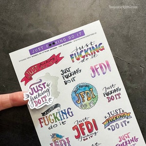 Motiverende stickers "Just f**king do it" • Handgeschreven herinneringen aan JFDI • Onderneem actie • Vind je eenhoorn