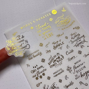 Gouden citaatstickers. Verijdelde washi-stickers. Script, belettering, gezegden, affirmaties, woorden, zinnen, bloemen, swirls, sierletters, inspiratie