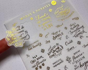 Gold Quote Stickers. Foiled washi stickers. Script, lettering, sayings, affirmations, words, phrases, flowers, swirls, swashes, inspiration