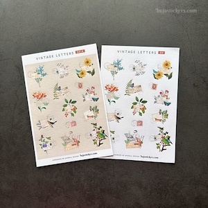 Sticker mit Vintage Buchstaben, Briefmarken, Florals, Blumen, Schmetterlingen und Vögeln. Für Junk- und Bullet Journals, Scrapbooking, Kartenbasteln.