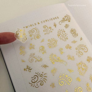 Pegatinas de papel dorado con espirales y rizos • Pegatinas decorativas de washi doradas • Bullet journaling, decoración, scrapbooking, tarjetas, regalos