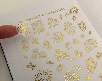 Swirls & curlicues gold foil stickers • Decorative gilded golden washi sticker • Bullet journaling, decorating, scrapbooking, cards, gifts