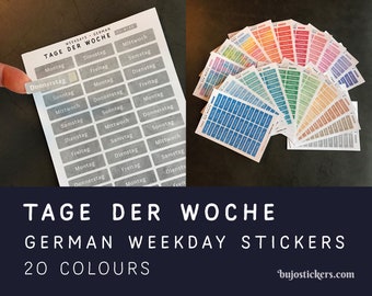 Tage der woche. Weekday stickers in German. 20 watercolor options. Paper stickers for bullet journal, and calendar. bujostickers.com