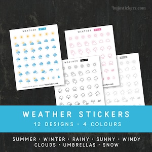 Adesivos meteorológicos • ícones meteorológicos sol, chuva, nublado, vento, neve etc. • 12 designs e 4 cores • verão, inverno, primavera, outono, outono