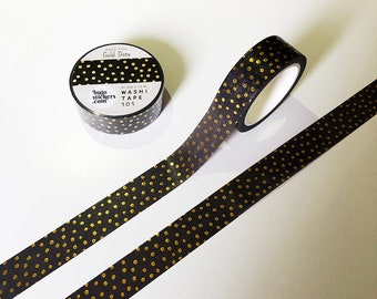 Black and Gold foil Washi tape • Irregular Polka dot pattern in gold • Guilded decorative masking tape • 15 mm x 10 m • bujostickers.com 101