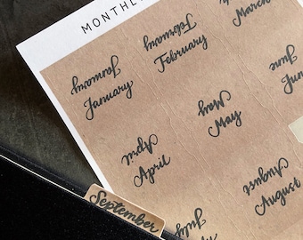 Monthly tab stickers 02 • Kraft paper style tabs with handlettered months of the year • Double sided sticky tabs for planners • Easy to fold