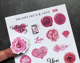 Valentine's & Love 01 • Romantic stickers with hearts, flowers, wax seals, words and decorations in pink. For love letters, romantic notes