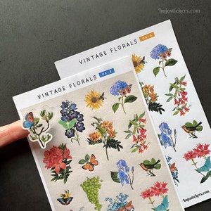 Aufkleber mit Vintage-Blumen, Blumen, Obst, Vögeln und Schmetterlingen. Für Junk- und Bullet Journals, zum Scrapbooking, zum Kartenbasteln, Journaling