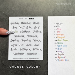 Maandstickers • Prachtig vintage lettertype • 14 kleur/kleuropties • bullet journaling, planning, kalenders • 71
