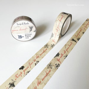 Script Washi-tape • Handgeschreven citaten, vintage bloemenillustraties, oud papier Decoratieve afplaktape • 15 mm x 10 m • bujostickers.com106
