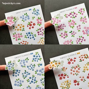 Autocollants floraux. Grappes de petites fleurs et feuilles aquarelles peintes à la main. Autocollants en papier mat. Rose, bleu, orange et couleurs mélangées.