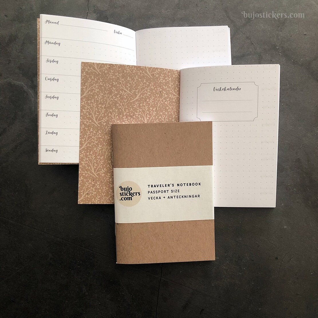 Traveler's Notebook. Schwedischer Veckokalender. Reisepassgröße. Horizontale Woche + Punktraster Notizseite. 6 Monate/27 Wochen undatierter Planer