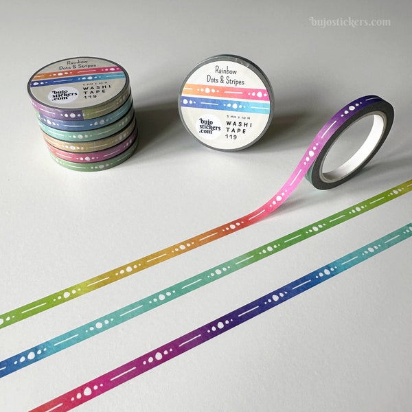 Ruban washi fin • Pois et rayures arc-en-ciel • 5 mm x 10 m • Ruban de masquage spectre, bordure, diviseur • bujostickers.com 119