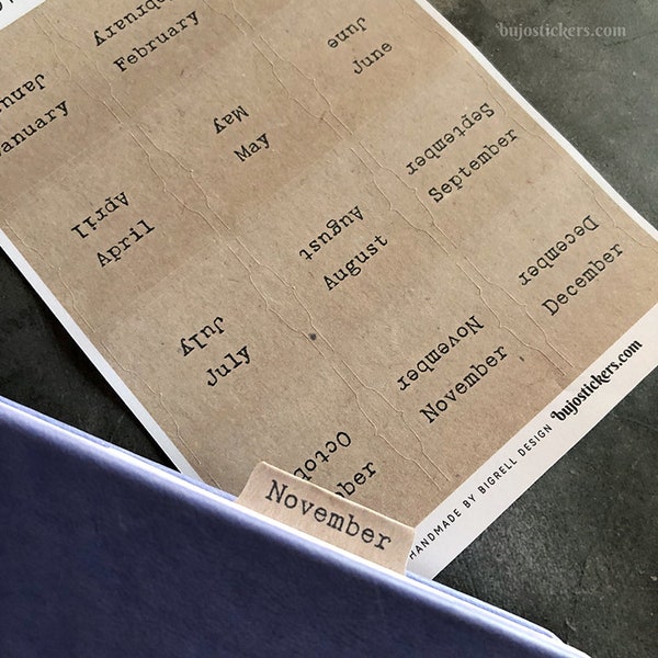 Monthly tab stickers 03 • Kraft paper style tabs with typewriter style months of the year • Double sided tabs for planners • Easy to fold