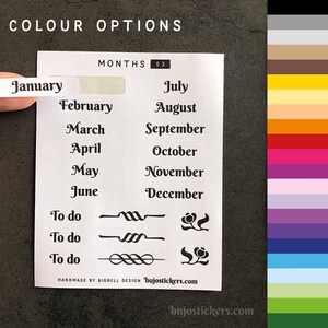 Maandstickers januari-december en To Do in 29 kleuropties. Bujo, bullet journal, planner, kalender, agenda. bujostickers.com 53