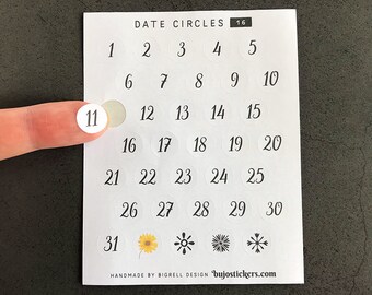 Date stickers 1-31. Functional number stickers for bullet journals, planners, agendas and filofax. bujostickers.com. Date circles 16