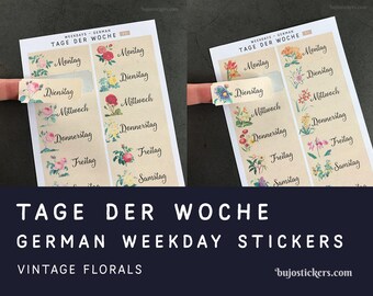 Tage der woche. German weekday stickers. Vintage flowers. Stickers for bullet journals, bujos, planners, calendars etc. bujostickers.com