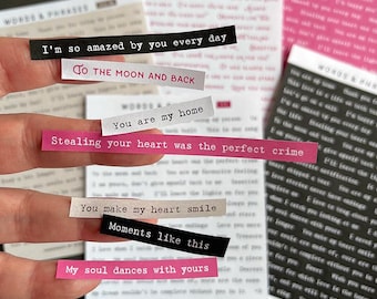 Words and phrases stickers. Love, romance & Valentine's day. Choose font. Quote stickers for journaling, scrapbooking, decor and crafts.