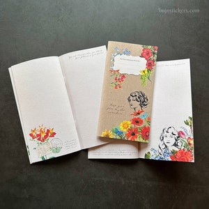Traveler&#39;s Notebook insert • All pages unique! • Regular size • Flowers, butterflies and girld • Positive sayings. bujostickers.com