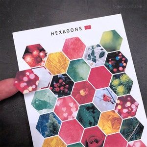 Autocollants hexagonaux de Noël. Rouge, vert, hiver, gel. Décoration, scrapbooking, journal indésirable, art, artisanat. bujostickers.com 13