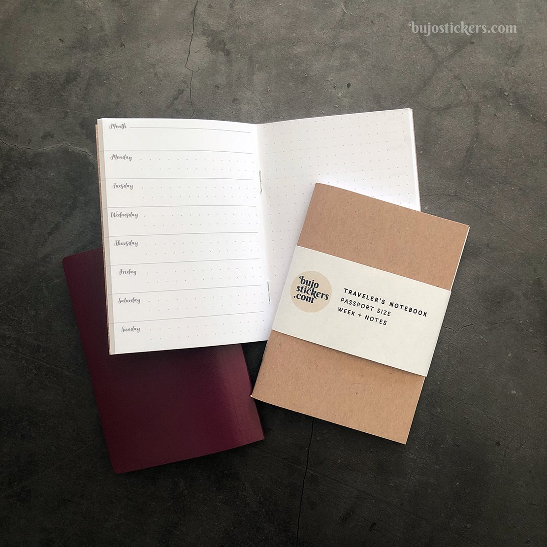 Traveler's Notebook • Week + Notes • Passport size. Horizontal week + dot grid note page • 6 months/27 weeks undated planner, diary, journal