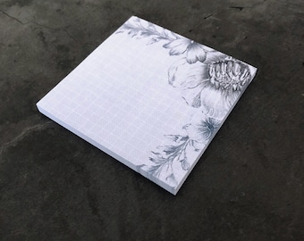 Lavender Sticky Notes with florals • Pencil flower drawing on soft grid pattern • pretty notepad • bujostickers.com 10