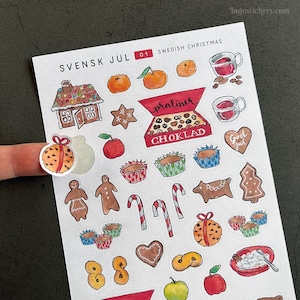 Stickers de Noël suédois. Pain d'épice maison, brioche au safran, pralines au chocolat. Juillet, Noël. Fabrication de cartes Bujo bullet journaling journal craft