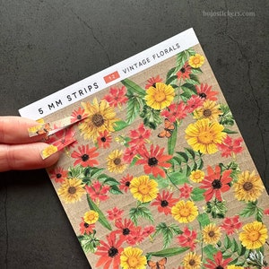 5 mm Stickerstreifen aus Papier. Rote und gelbe Blumen auf Kraftpapierdruck. Für Bullet Journaling, Bordüren, Seitenteiler. bujostickers.com 12