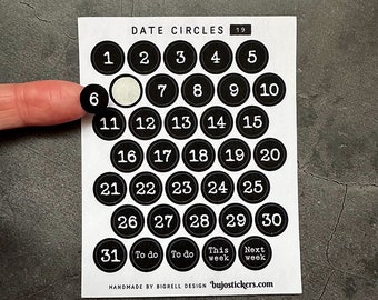 Date stickers in black with white typewriter font. Numbers 1-31. Stickers for bullet journaling, planners and calendars. Date Circles 19