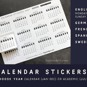 Monatskalendersticker für ein Jahr. Montag oder Sonntag Start. Englisch, Schwedisch, Spanisch, Französisch, Deutsch. Für Bujo, Planer & Tracking.