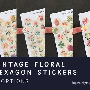 Adesivos hexágonos florais vintage para bujo, planejadores, reserva de sucata, artesanato e muito mais. Feito à mão e exclusivo em bujostickers.com. 15-18