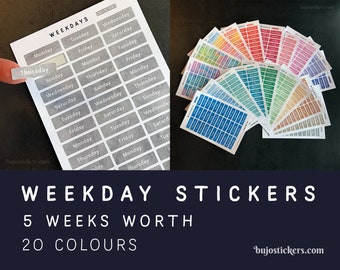 Weekday stickers 11 • 20 watercolor options. Paper stickers for bullet journal, bujo, planner, calendar, organizer etc. bujostickers.com